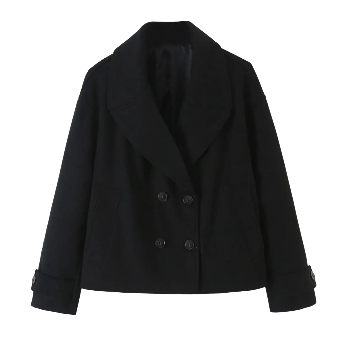 Black double breasted wool coat with notched lapels and buttoned cuffs from willshela trench jacket collection