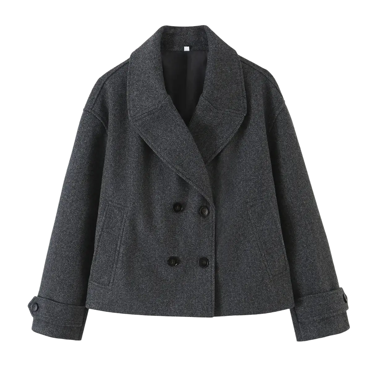 Willshela double breasted trench jacket in dark gray textured wool with notched collar and black buttons