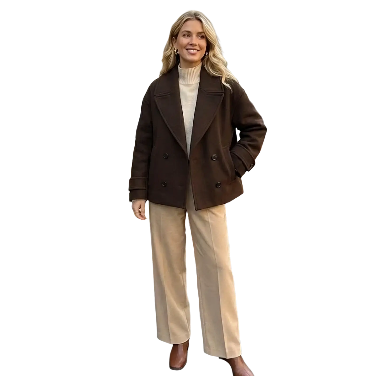 A woman wearing a brown wool willshela double breasted trench jacket over a cream turtleneck and beige trousers