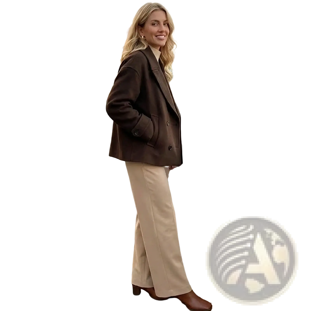 A woman wearing a brown wool willshela double breasted trench jacket paired with beige wide-leg trousers