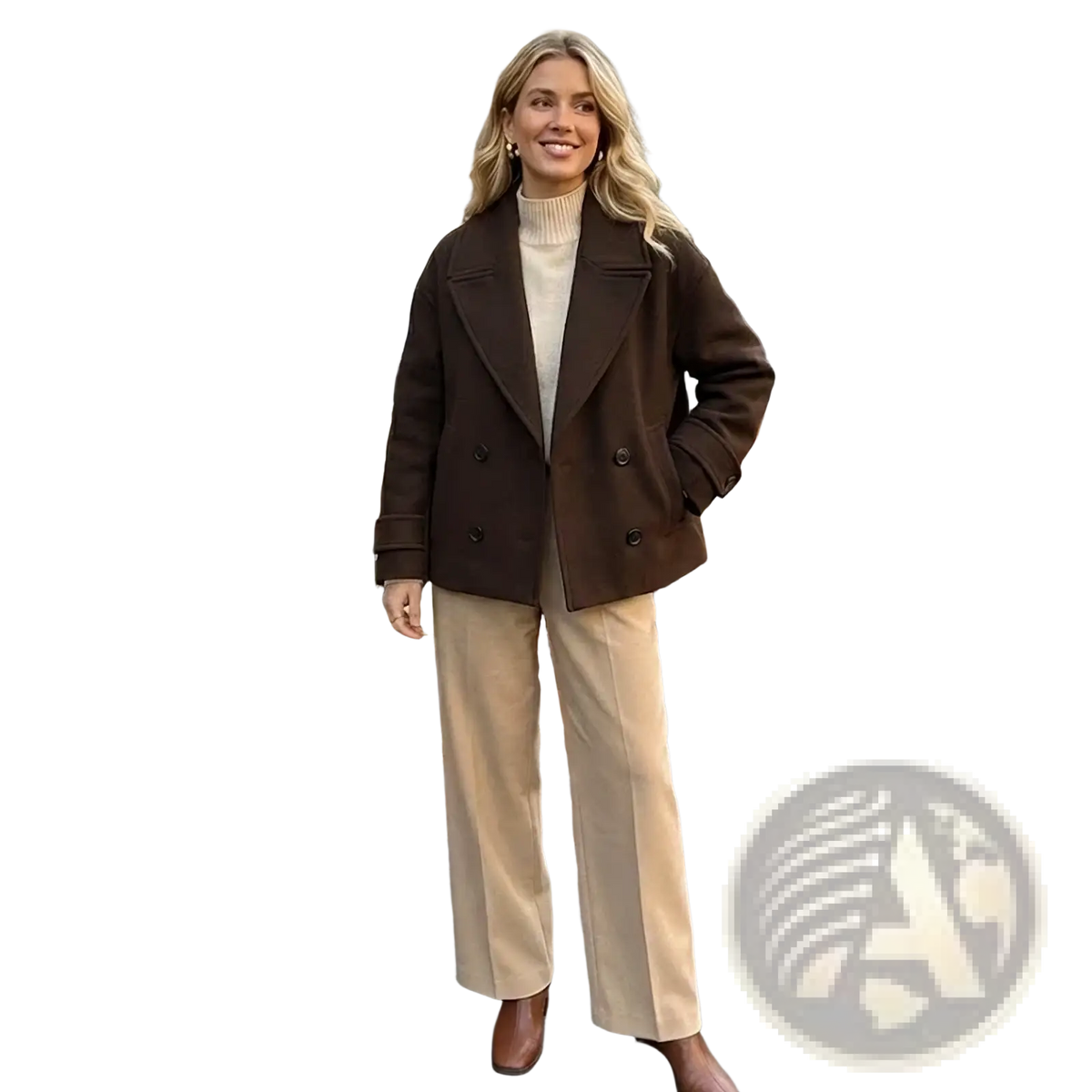 A woman wearing a brown wool willshela double breasted trench jacket over a cream turtleneck and beige trousers