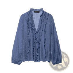 Willshela v-neck ruffled pleated blouse soft blue long-sleeved with delicate ruffled detailing on front and neckline