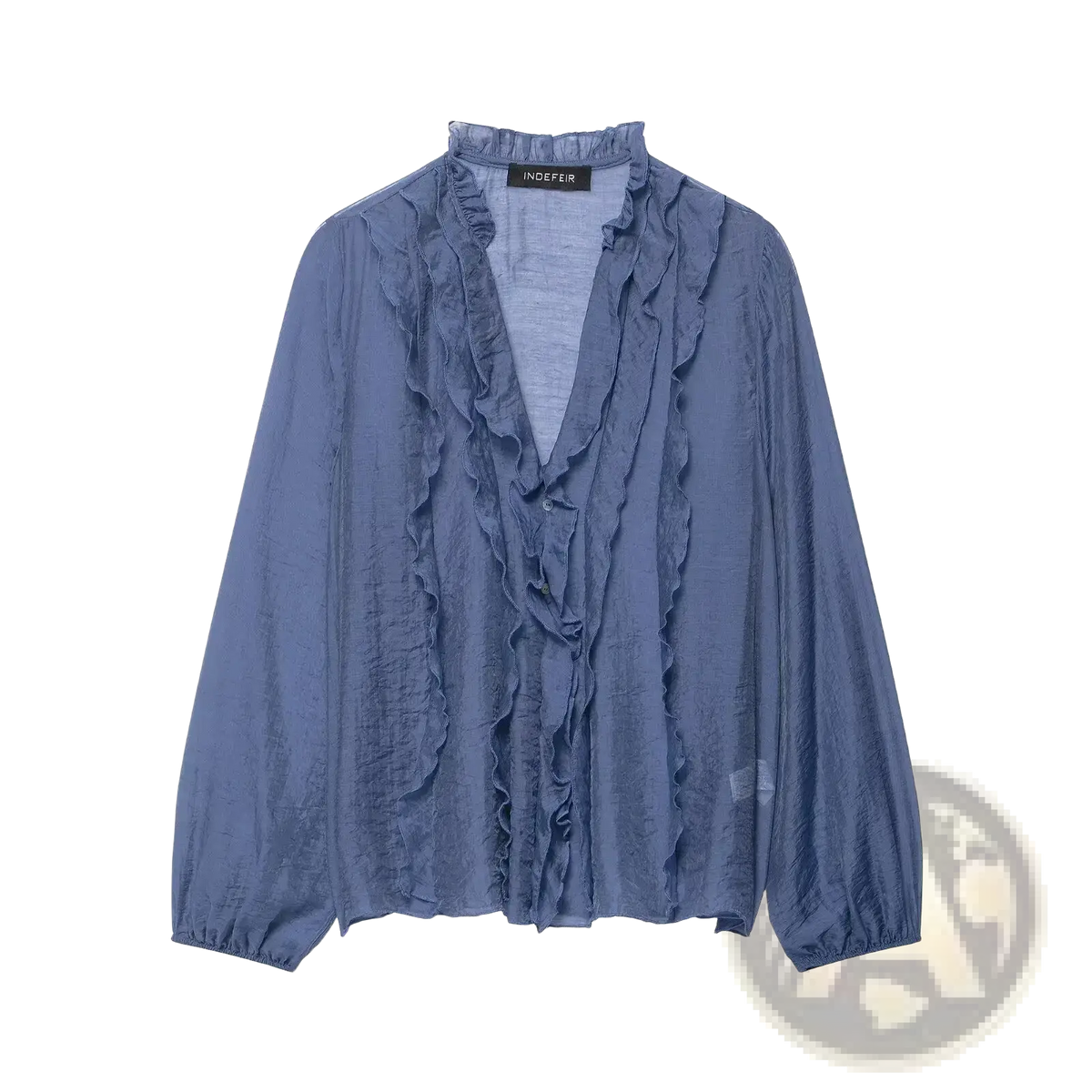 Willshela v-neck ruffled pleated blouse soft blue long-sleeved with delicate ruffled detailing on front and neckline