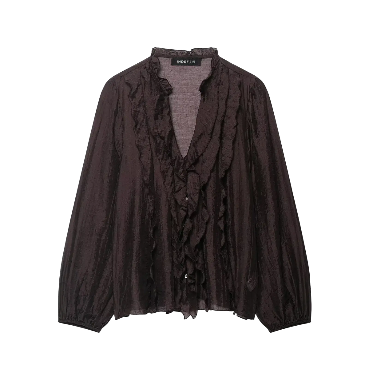 Willshela v-neck ruffled pleated blouse in dark brown semi sheer fabric with front and neckline ruffle detailing