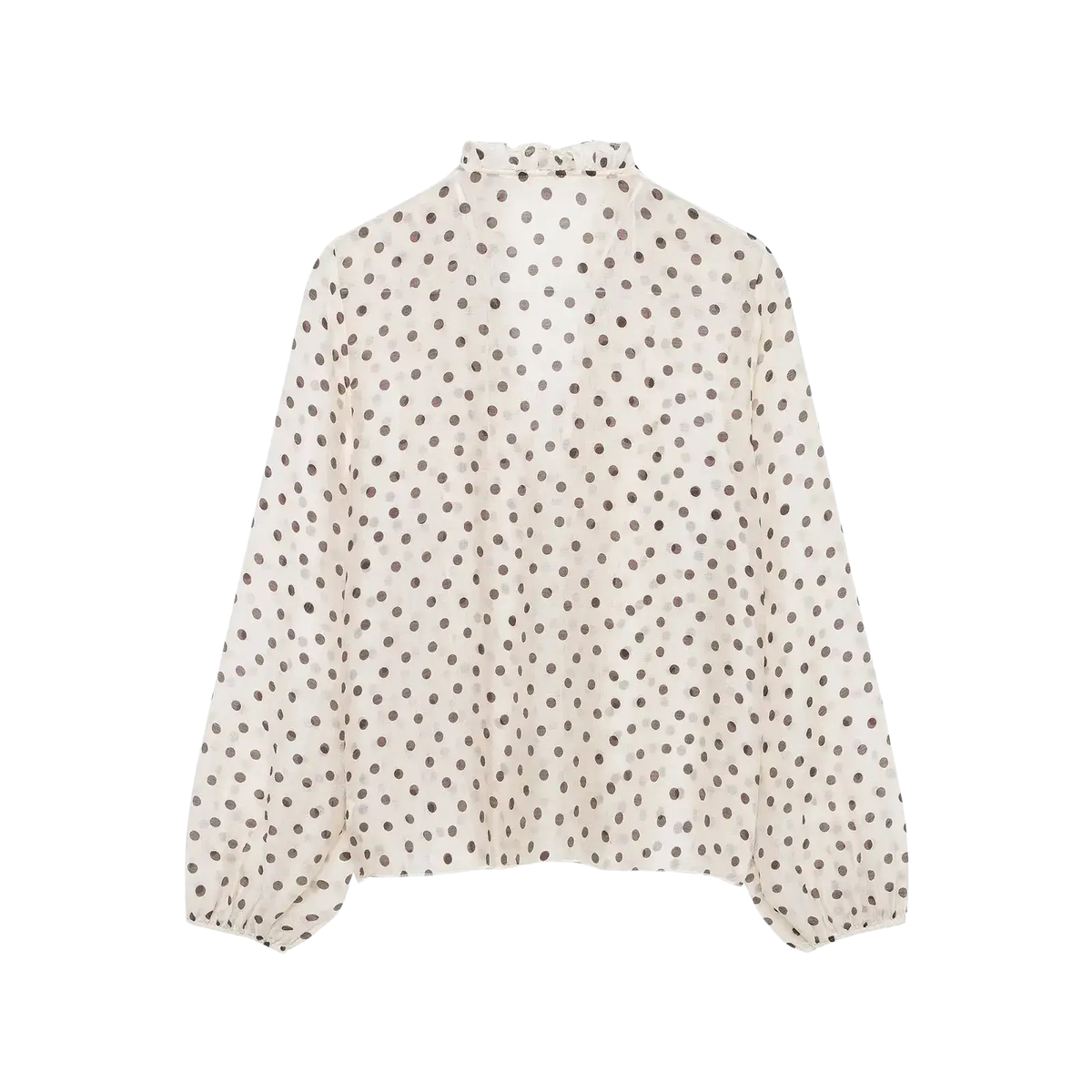 Willshela v-neck ruffled pleated blouse in off-white with subtle sheen and black polka dot long sleeves
