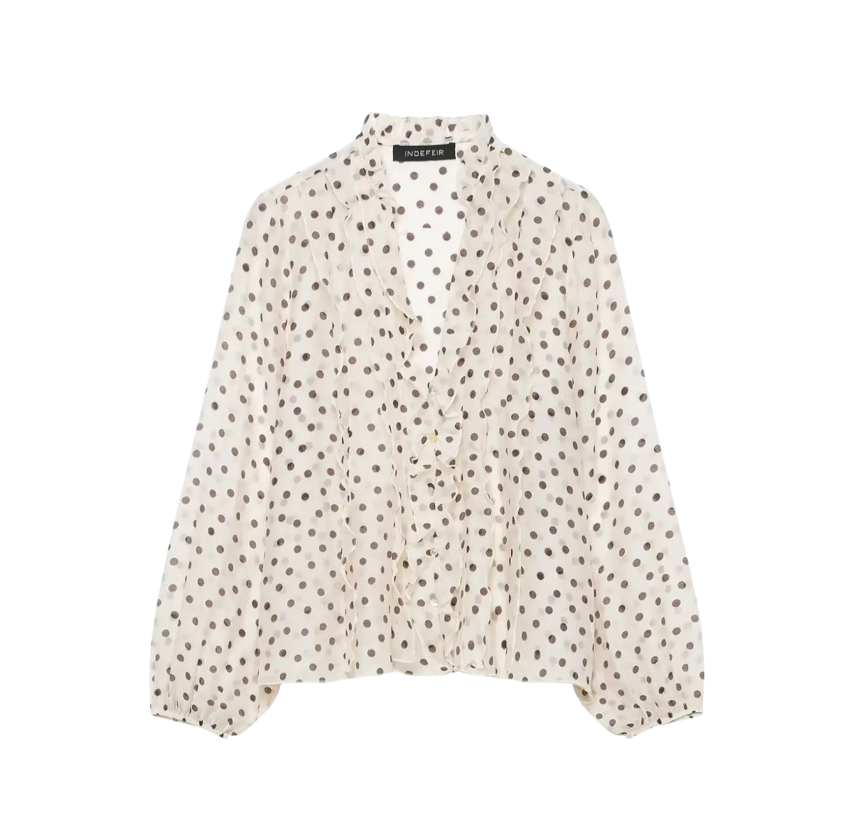 Willshela V-neck ruffled pleated blouse in delicate off-white with subtle polka dot pattern and front ruffle detailing