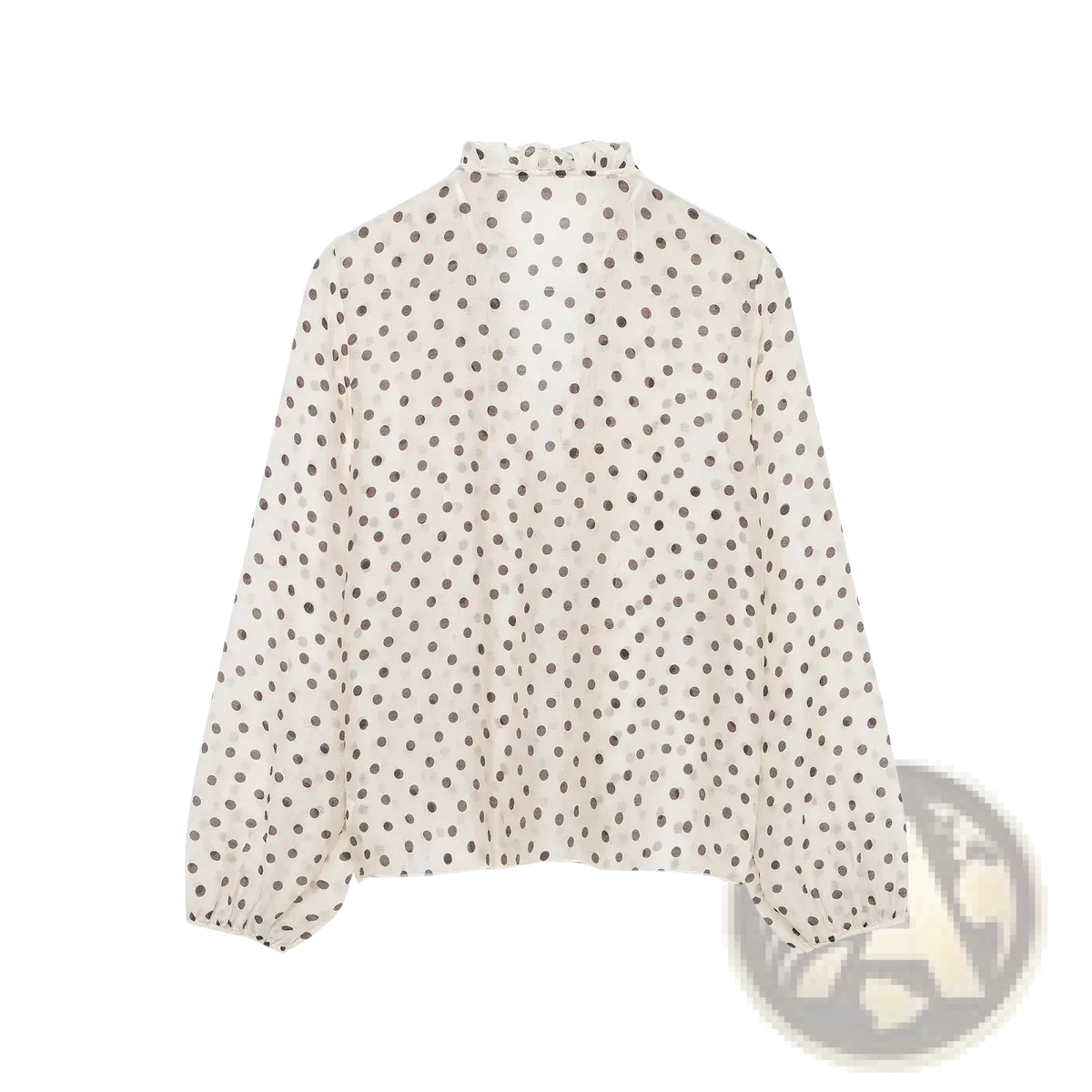 Willshela v-neck ruffled pleated blouse in off-white with subtle sheen and black polka dot long sleeves