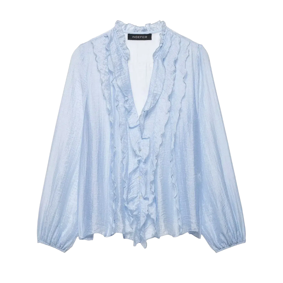 Willshela v-neck ruffled pleated blouse light blue semi-sheer fabric delicate ruffled neckline and front detailing
