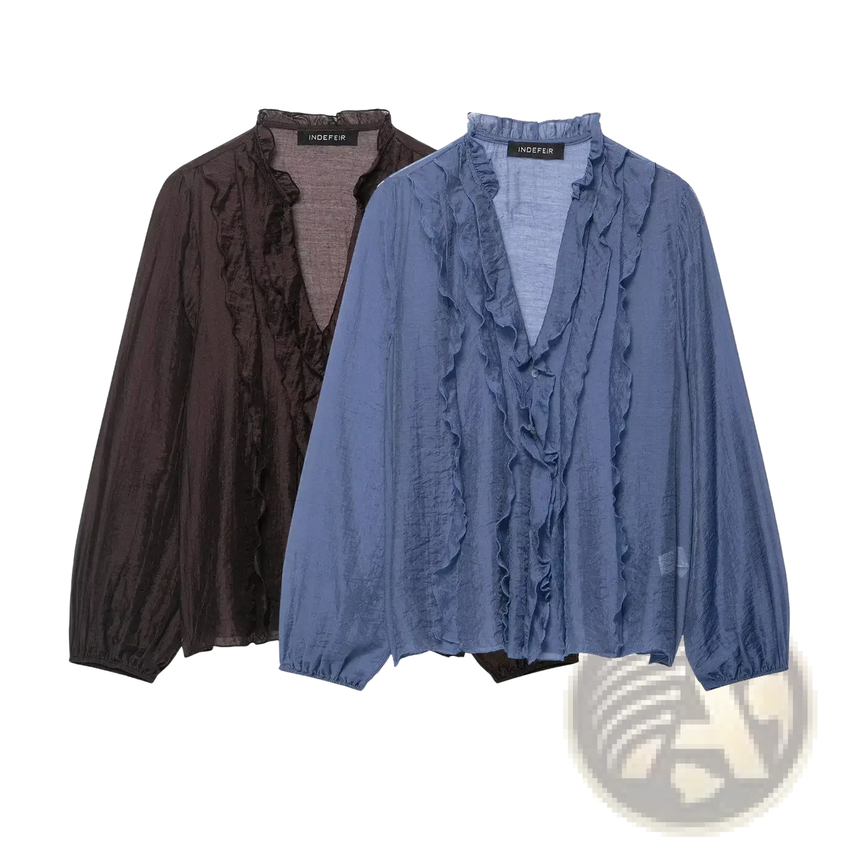 Willshela v-neck ruffled pleated blouse in soft blue and brown fabric with loose fit and long sleeves