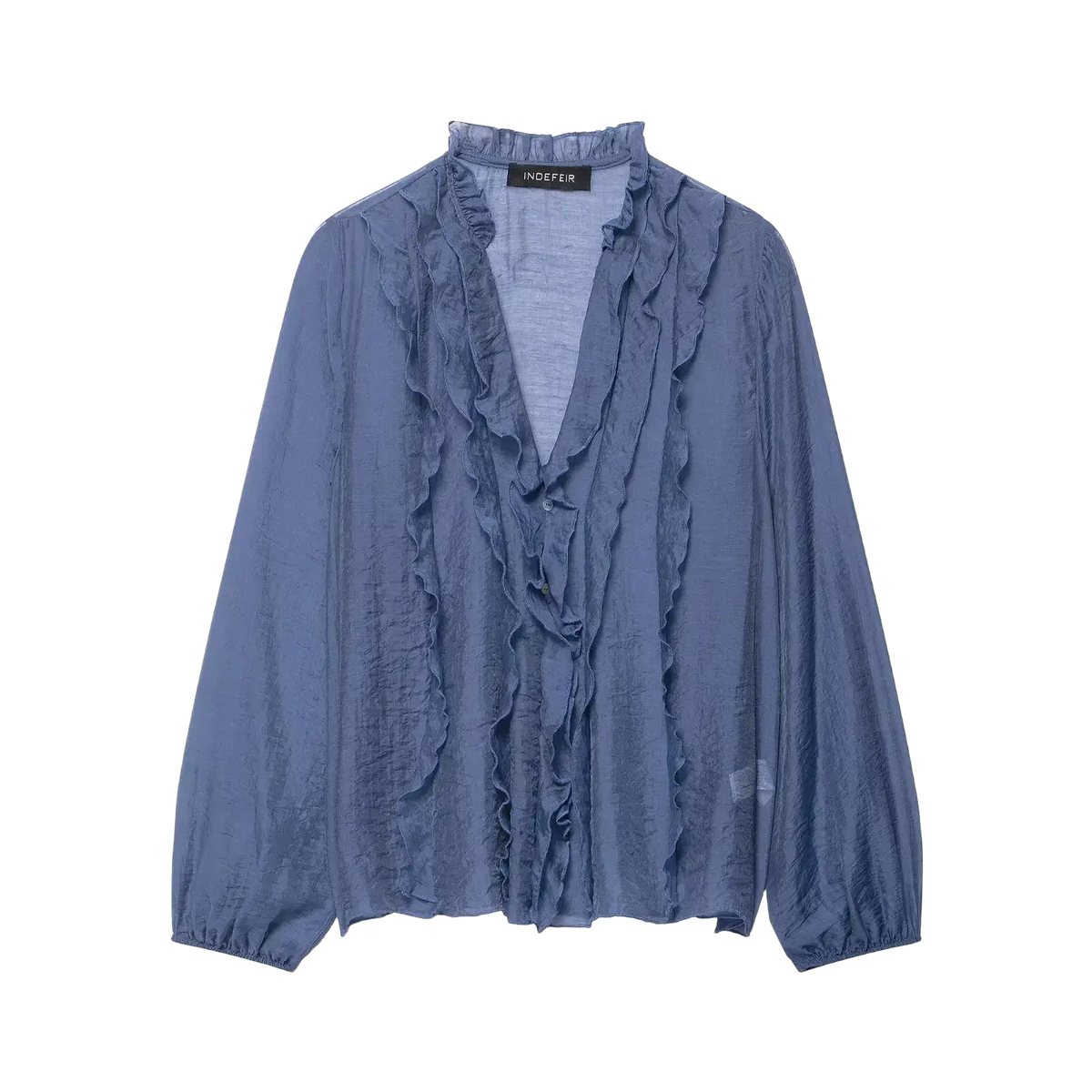 Willshela v-neck ruffled pleated blouse soft blue long-sleeved with delicate ruffled detailing on front and neckline