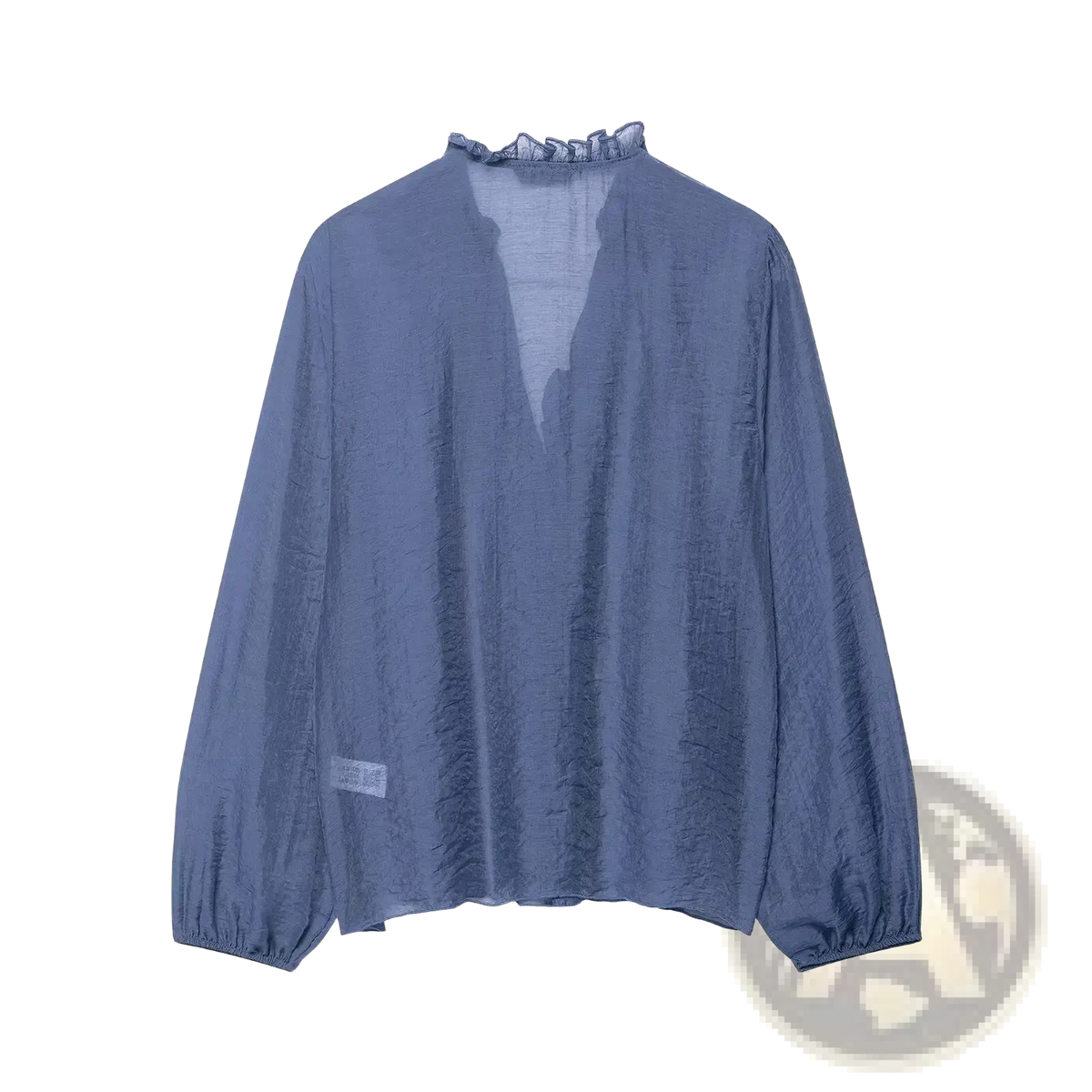 Willshela soft dusty blue blouse with delicate ruffled neckline and long sleeves in lightweight fabric