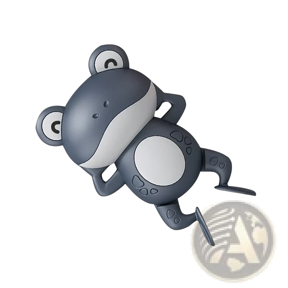 Gray and white plastic wind-up frog bath toy with rounded features and black eyes for swimming in water