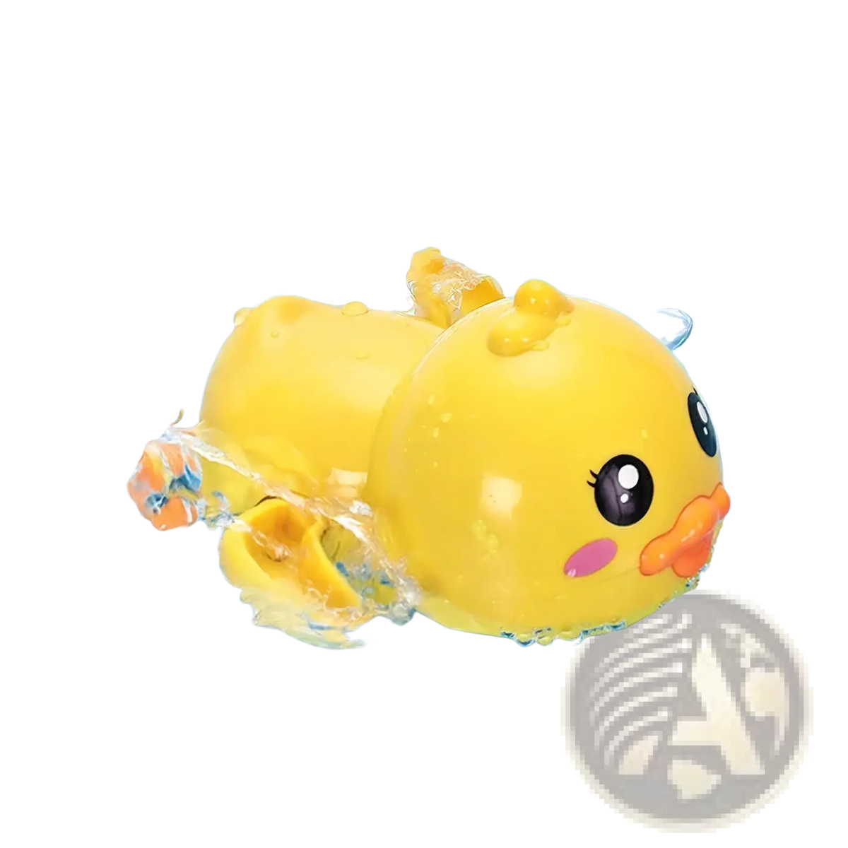 A bright yellow rubber duck bath toy with black eyes orange beak and pink cheek swimming in water