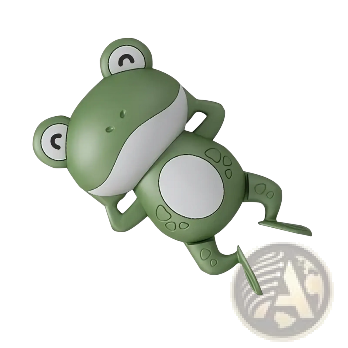 Green plastic wind-up frog bath toy with white belly and eyes designed for swimming in water