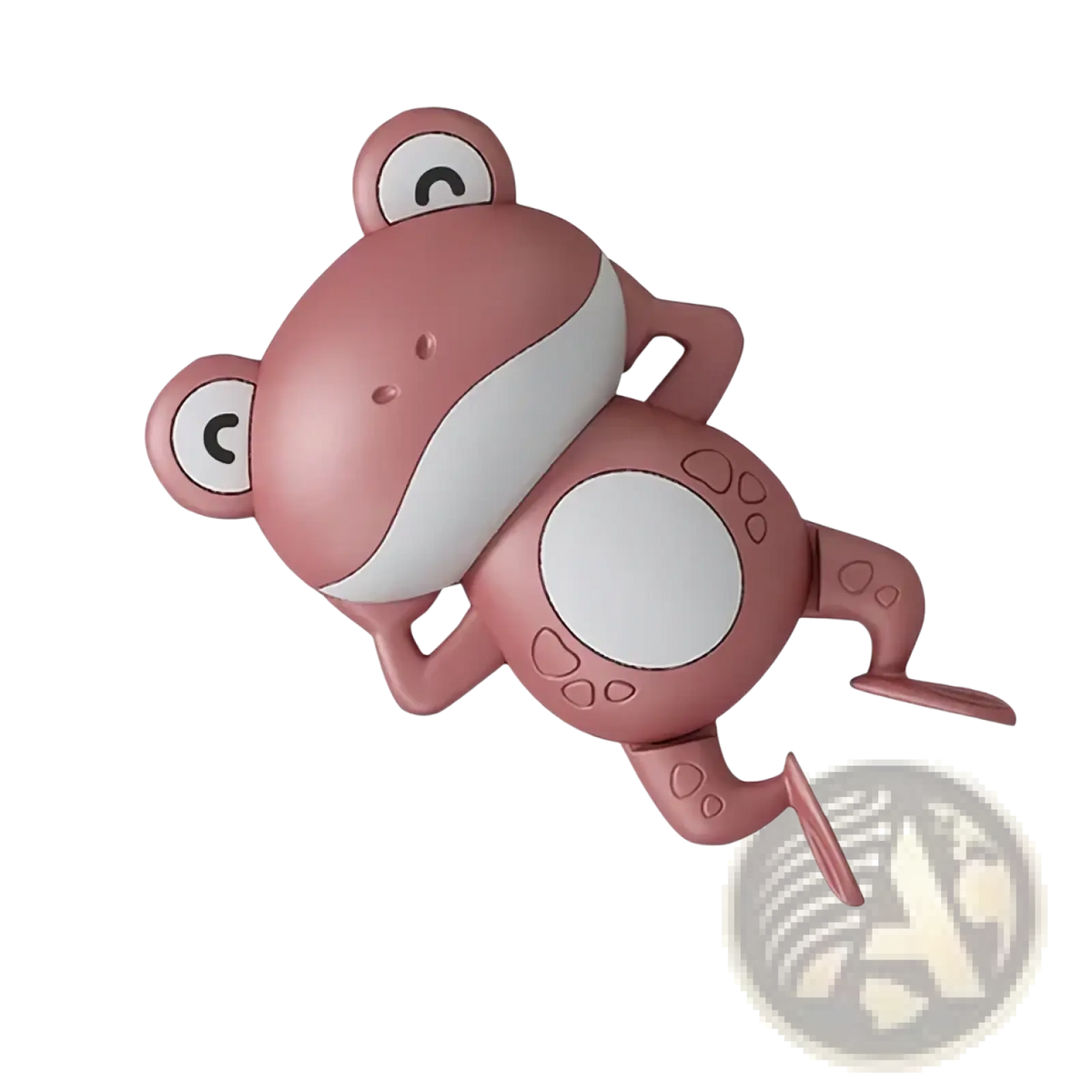 Pink plastic wind-up frog bath toy with white belly and eyes designed for swimming in water play