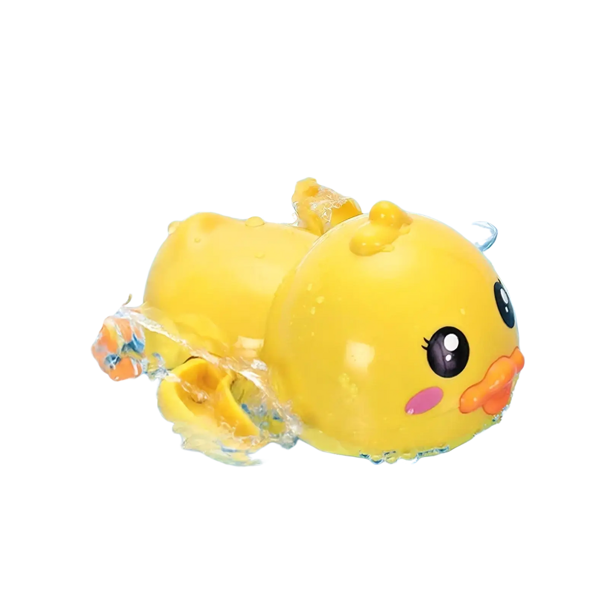 A bright yellow rubber duck bath toy with black eyes orange beak and pink cheek swimming in water