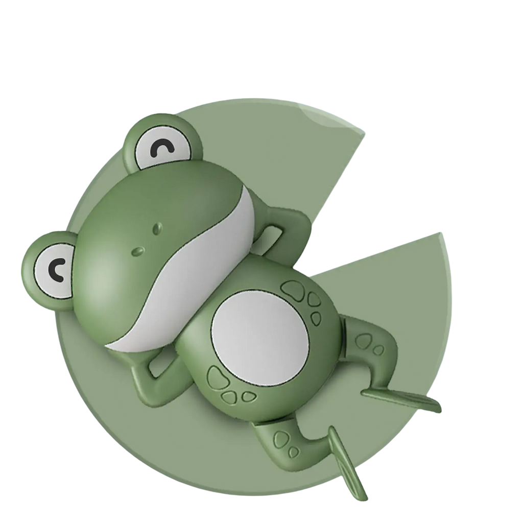 A cloud green frog-shaped wall-mounted phone holder with white accents and glossy plastic finish for bath use