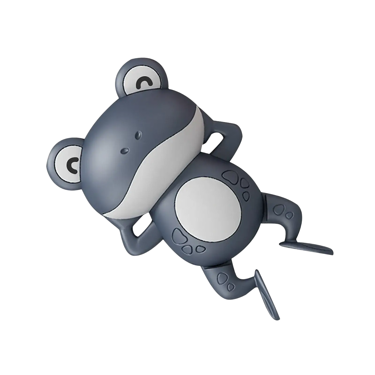 Gray and white plastic wind-up frog bath toy with rounded features and simple black eyes for swimming in water
