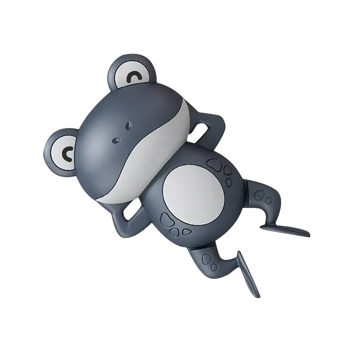 Gray and white plastic wind-up frog bath toy with rounded features and black eyes for swimming in water