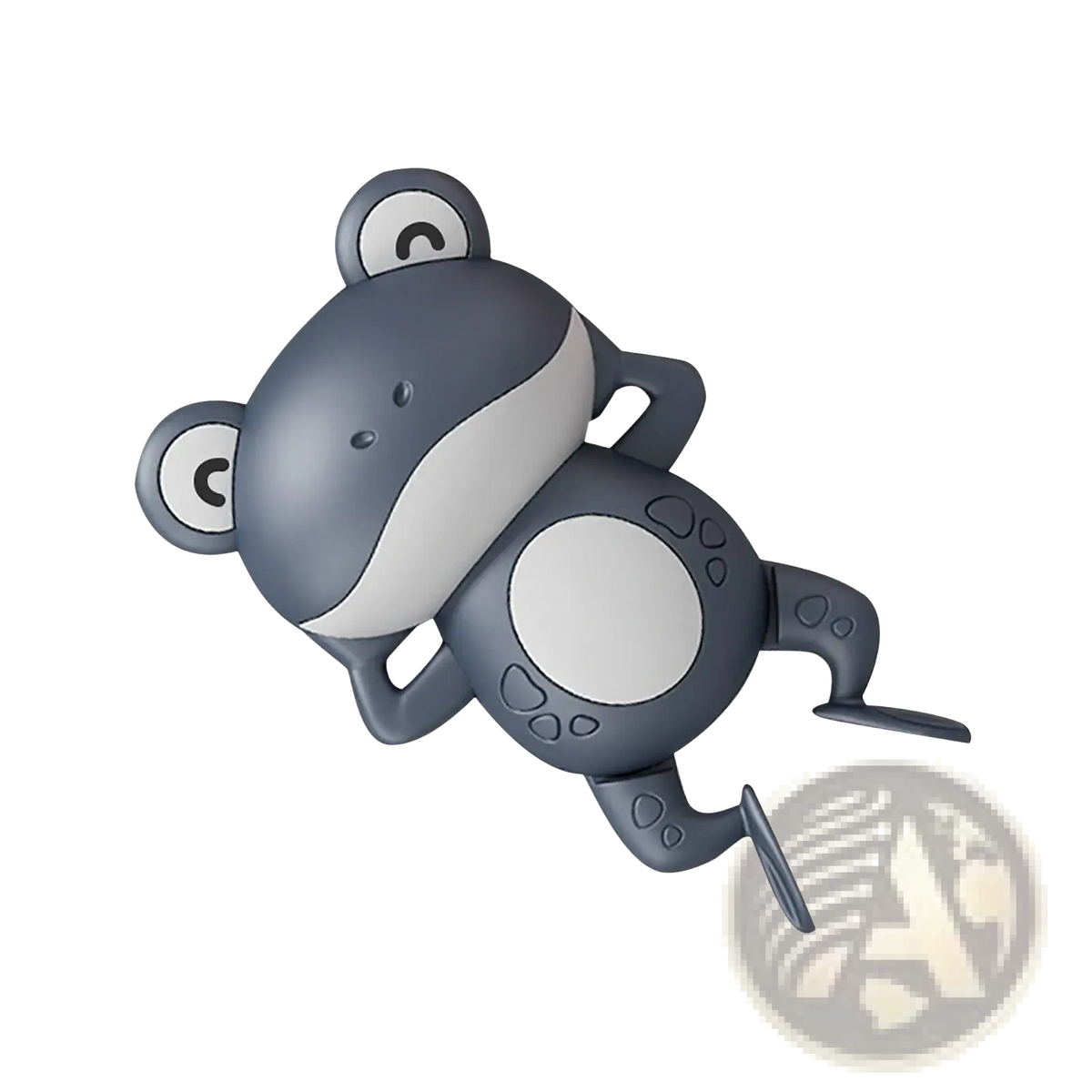 Gray and white plastic wind-up frog bath toy with rounded features and simple black eyes for swimming in water