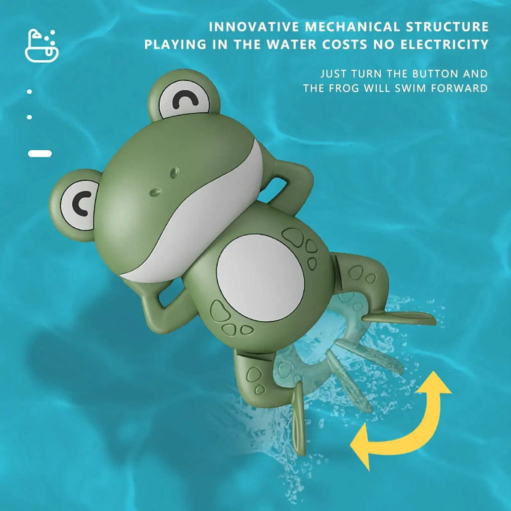 Green plastic wind-up frog bath toy with white accents and button-operated swimming mechanism for water play