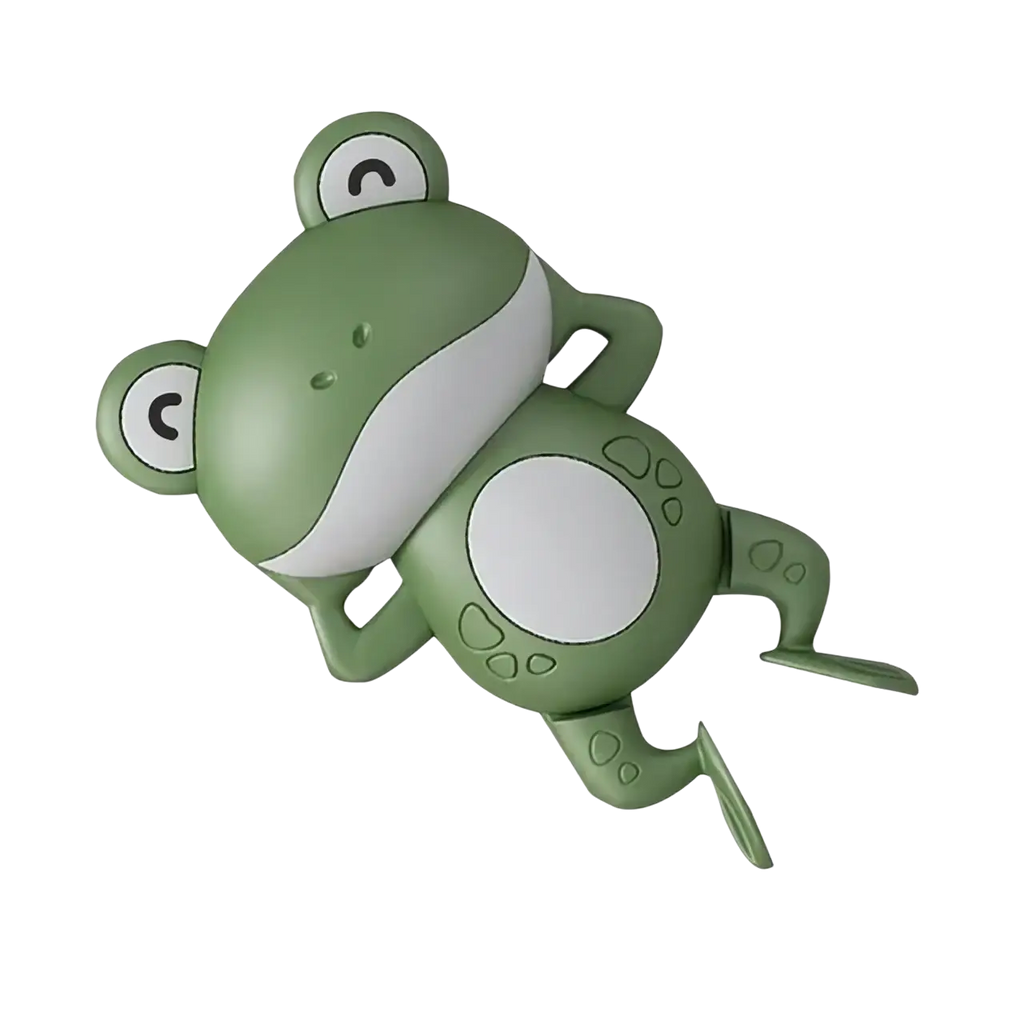 Green plastic wind-up frog bath toy with white belly and eyes designed for swimming in water