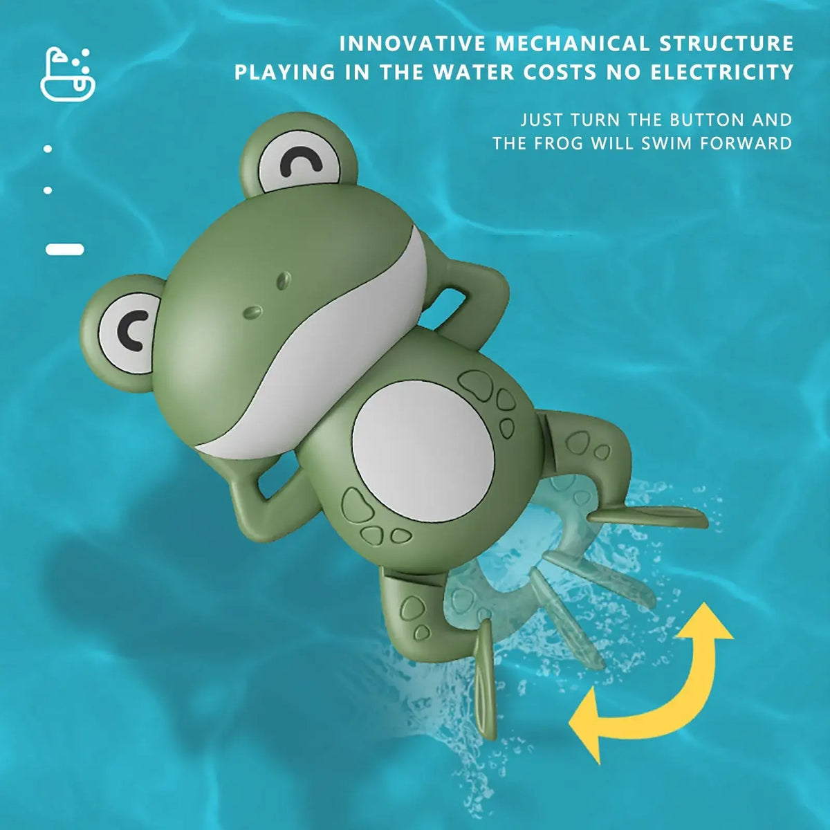 Green plastic wind-up frog bath toy with white accents and button-operated swimming mechanism for water play