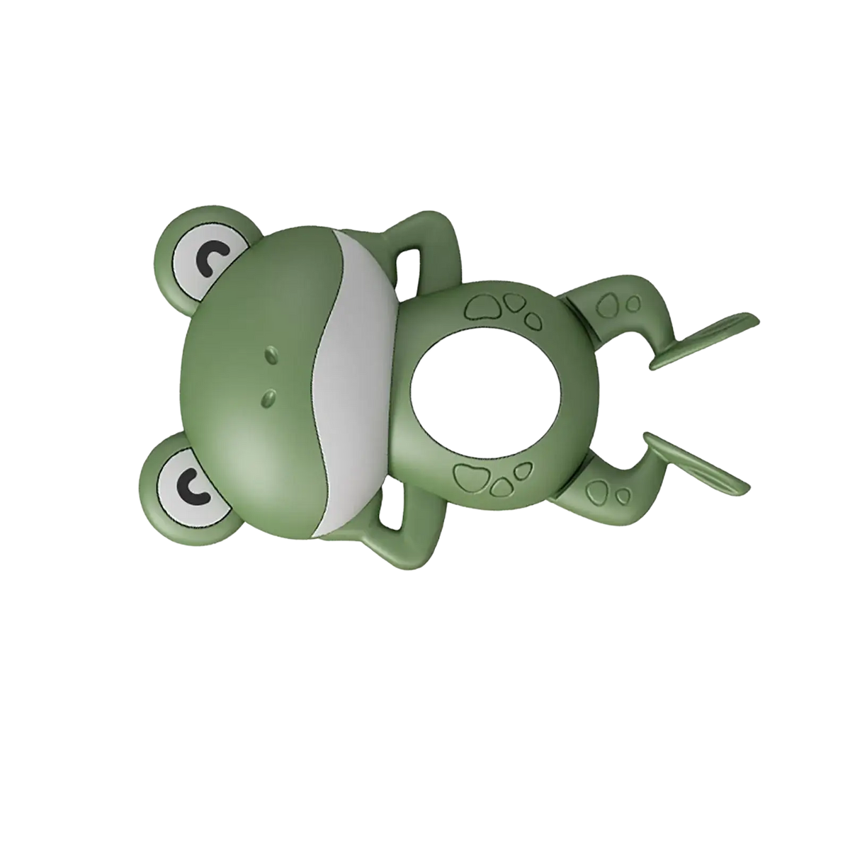 Green and white plastic frog-shaped wind-up bath toy with rounded eyes and black crescent moon designs on mirror surface