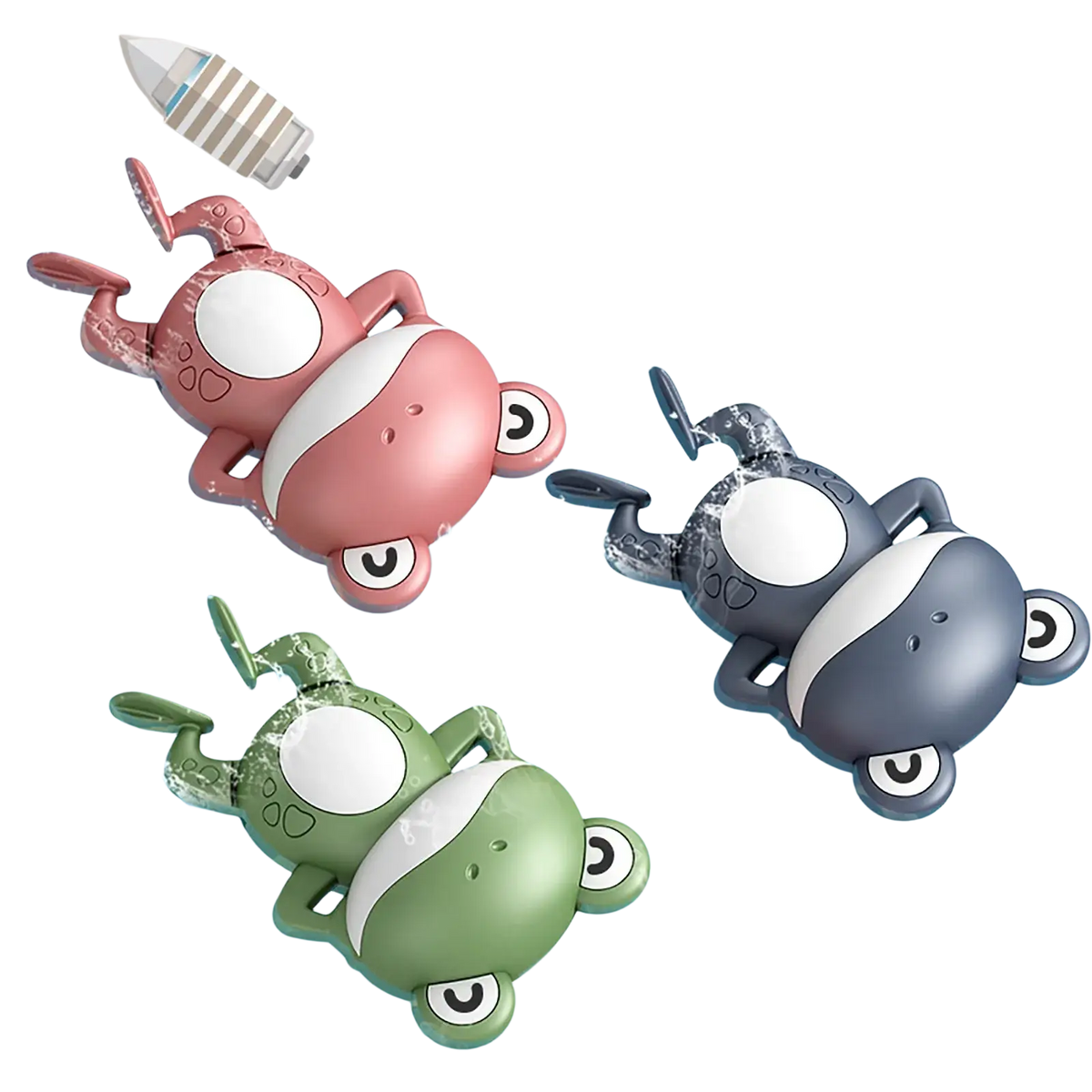 Wind-up frog bath toys in pink green and gray plastic with white eyes and belly stripes for swimming in water