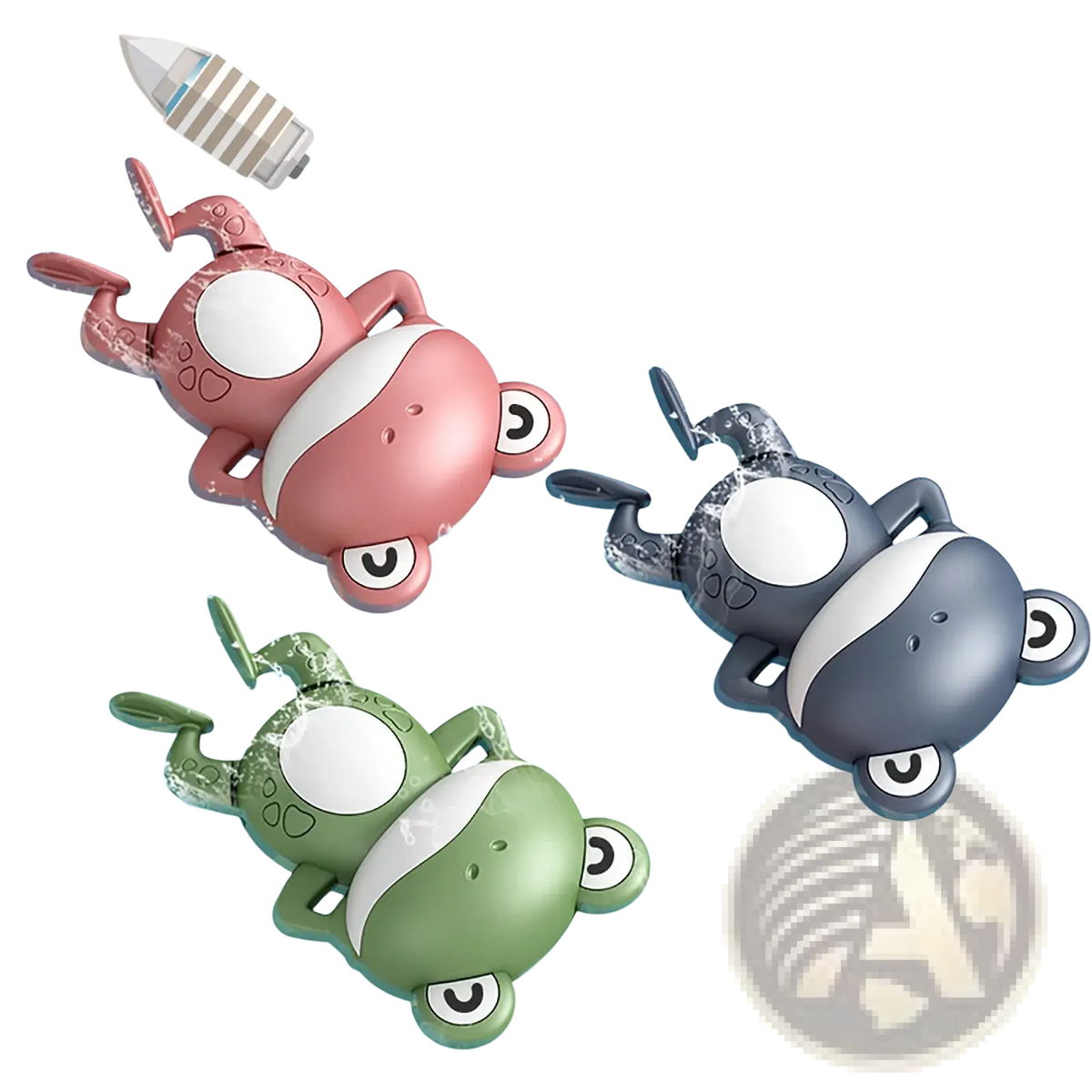 Wind-up frog bath toys in pink green and gray plastic with white eyes and belly stripes for swimming in water