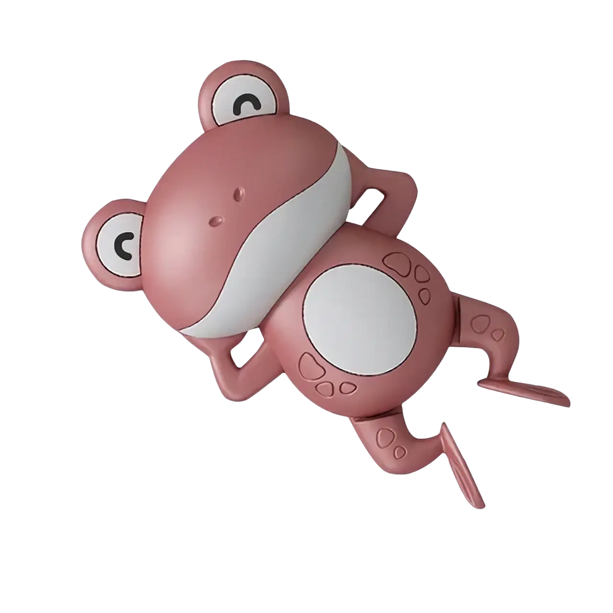 Pink plastic wind-up frog bath toy with white belly and eyes designed for swimming in water play