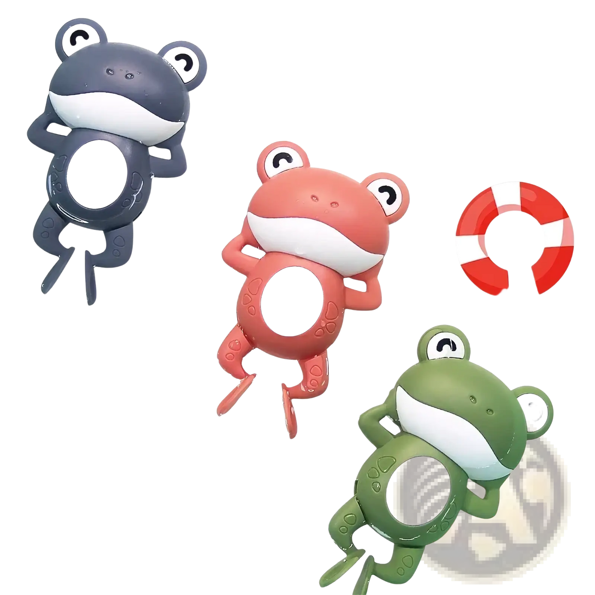 Wind-up frog bath toys in gray coral pink and green with white bellies designed for swimming in water