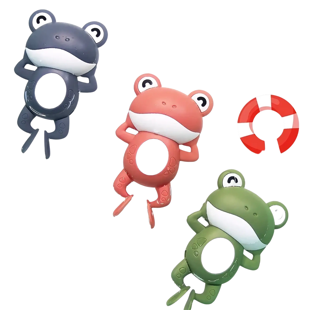 Wind-up frog bath toys in gray coral pink and green with white bellies designed for swimming in water