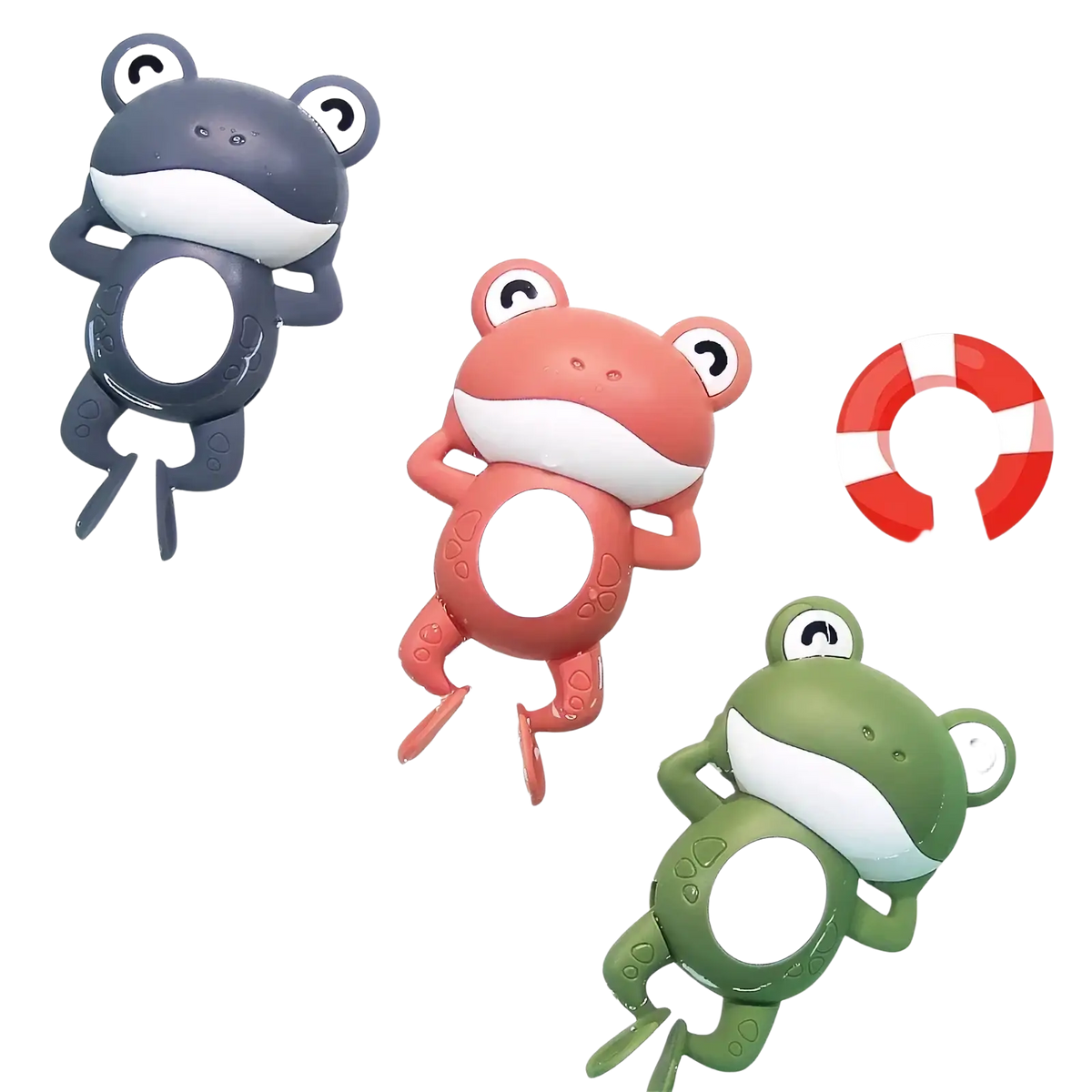 Wind-up frog bath toys in gray coral pink and green with white bellies designed for swimming in water