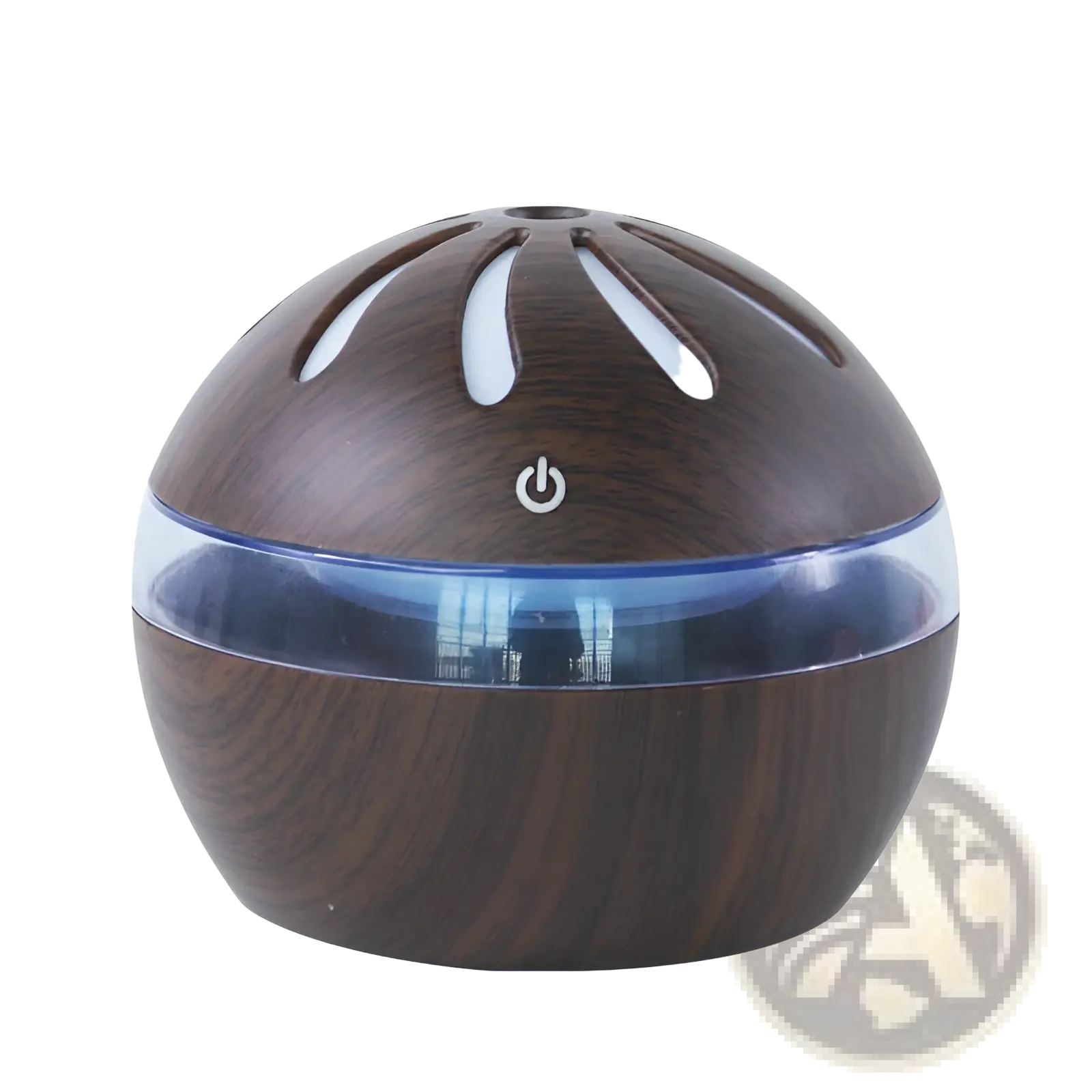 Windmill wooden spherical aroma diffuser usb 1l in dark wood finish with translucent blue band and white slotted top