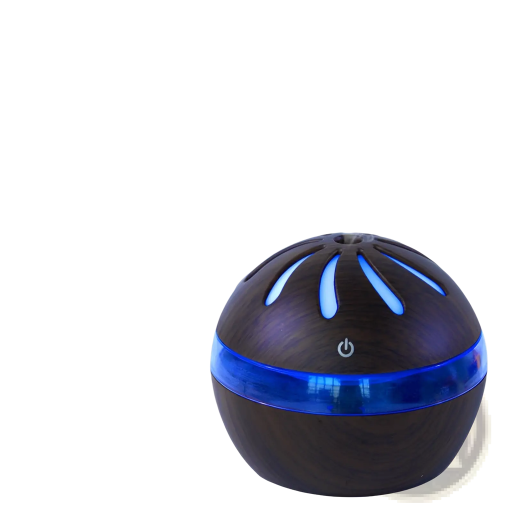 Blue-lit windmill wooden spherical aroma diffuser with usb 1l capacity and glowing blue accents with central power button
