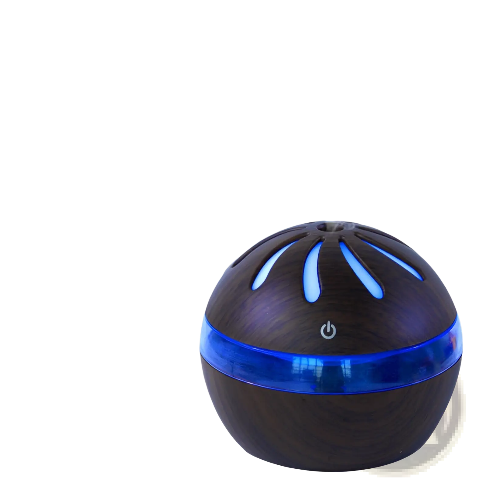 Blue-lit windmill wooden spherical aroma diffuser with usb 1l capacity and glowing blue accents with central power button