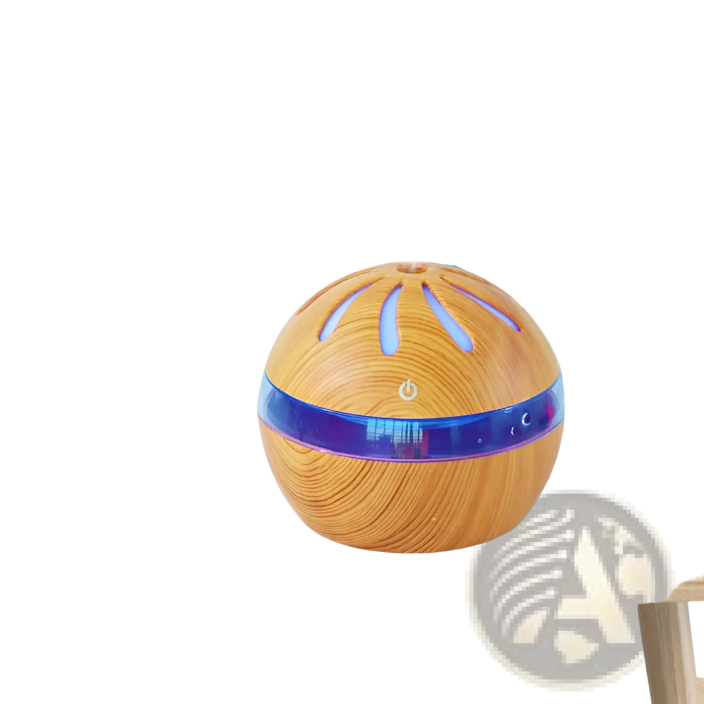 Windmill wooden spherical aroma diffuser usb 1l with blue led accent band and slotted top emitting mist
