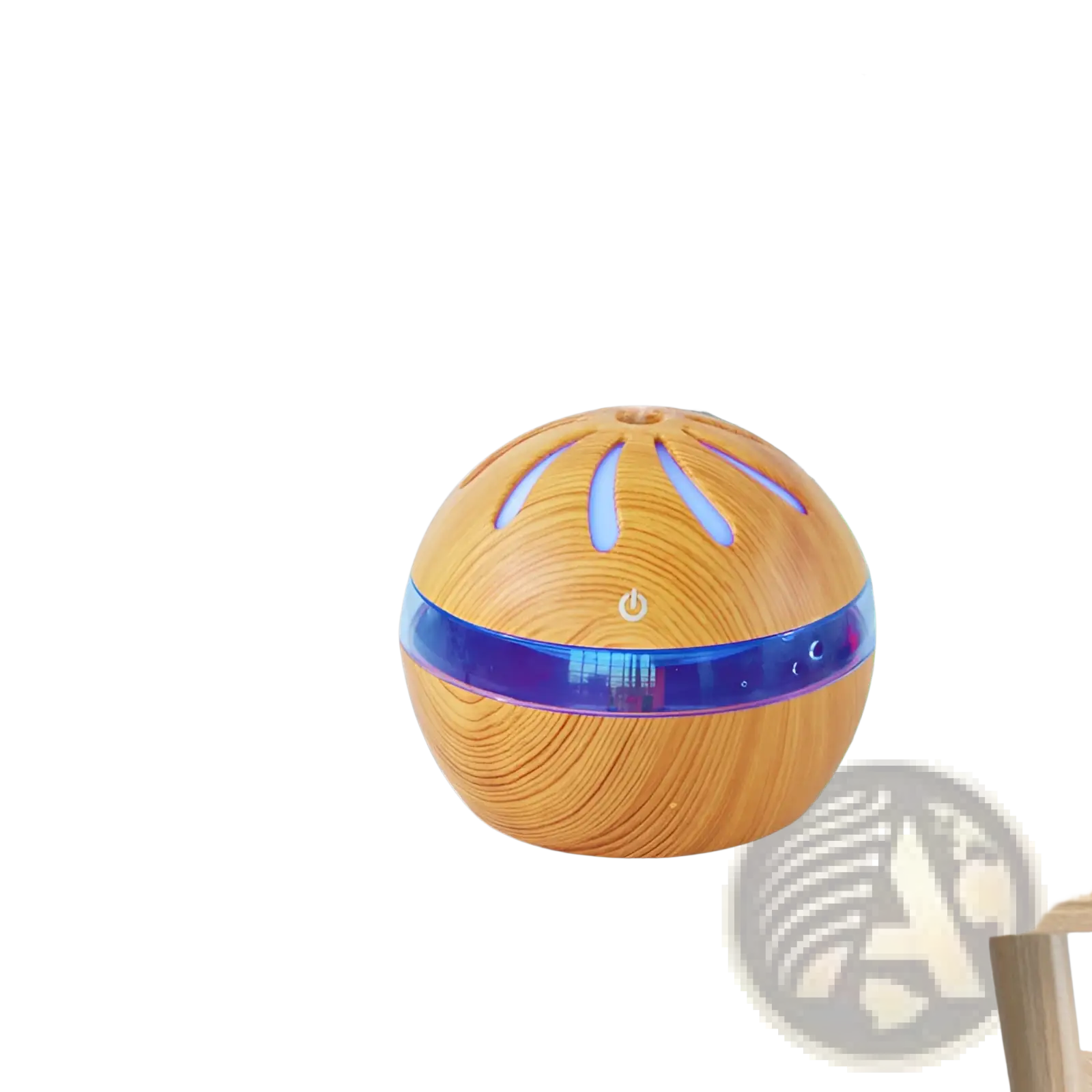 Windmill wooden spherical aroma diffuser usb 1l with blue led accent band and slotted top emitting mist