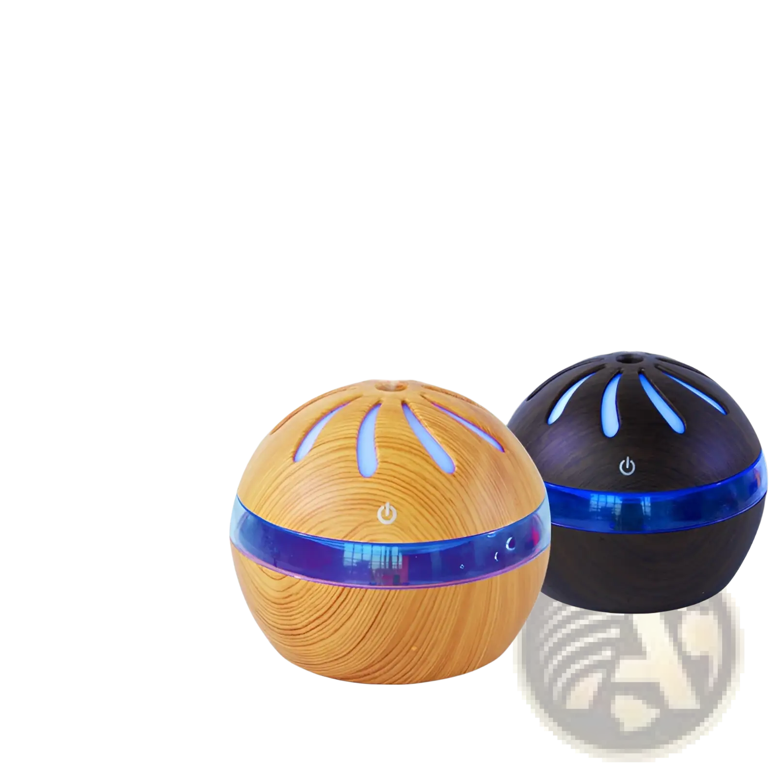 Two windmill wooden spherical aroma diffusers usb 1l with warm and dark brown wood finishes and glowing blue led bands