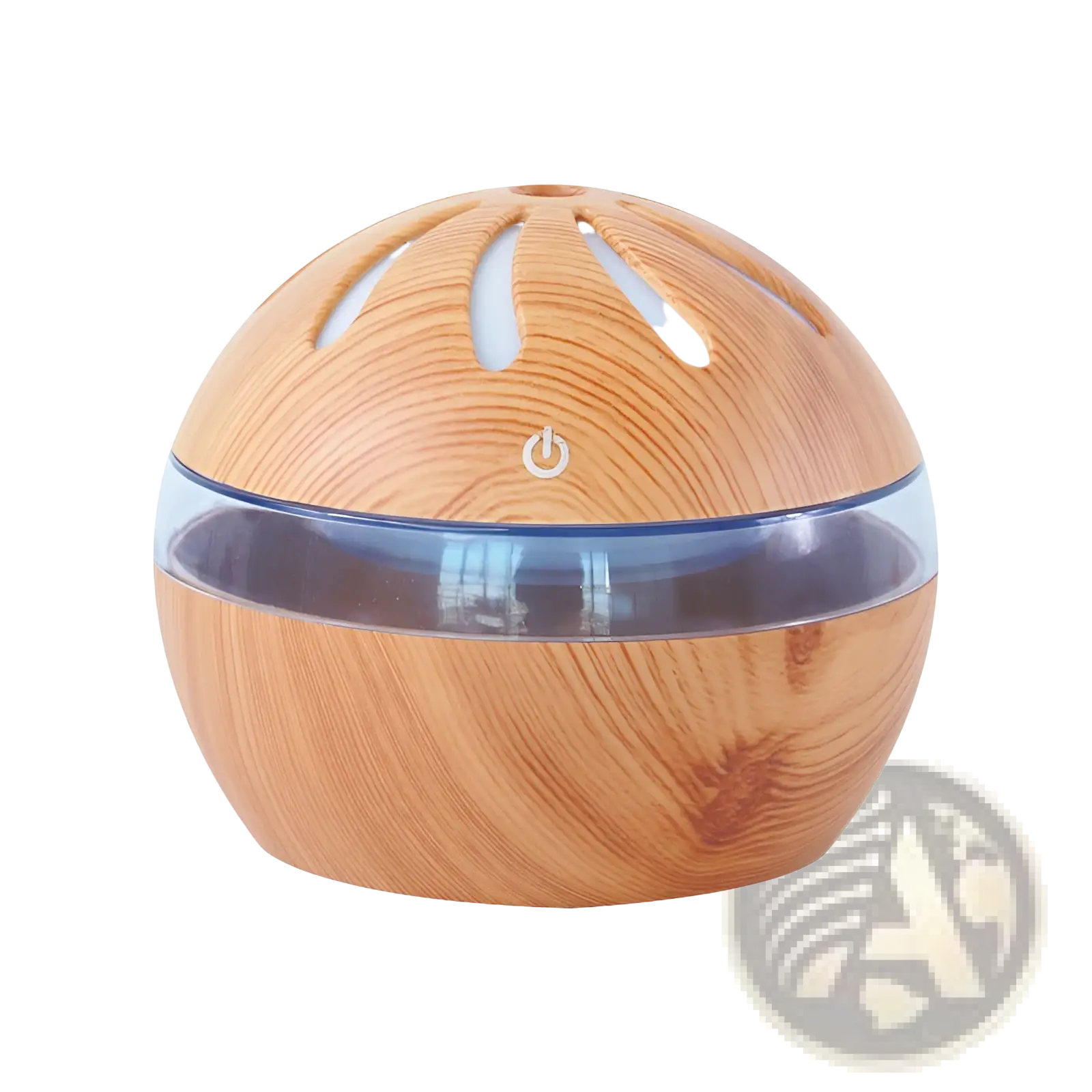 Wooden spherical aroma diffuser with clear glass band and white slotted top suitable for usb use 1l capacity