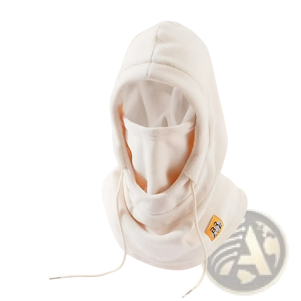 A soft off-white windproof fleece balaclava ski mask hat with hood and adjustable drawstrings for winter use