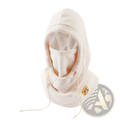 A soft off-white windproof fleece balaclava ski mask hat with hood and adjustable drawstrings for winter use