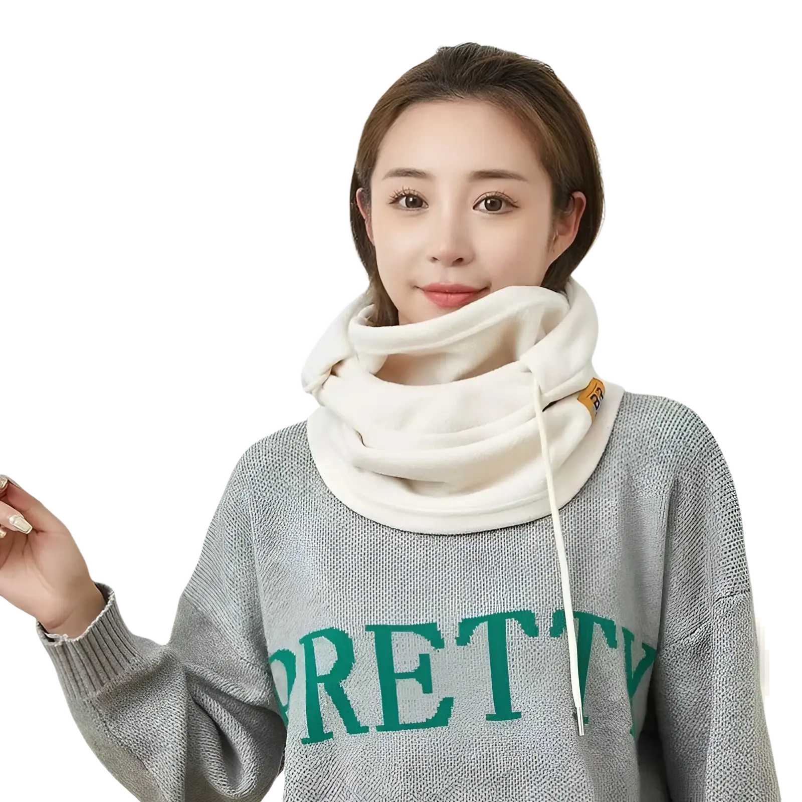 Cream-colored windproof fleece balaclava ski mask hat with soft fleece neck warmer drawstring and small orange tag