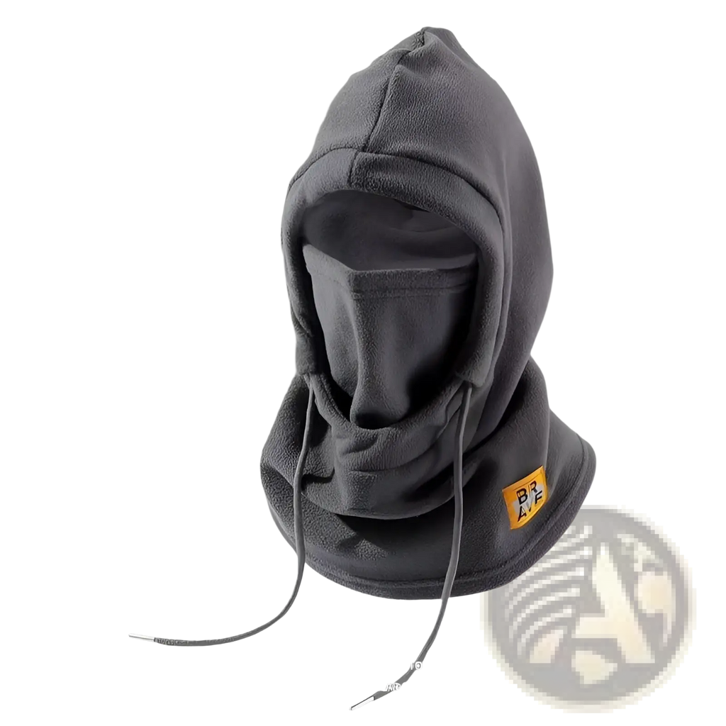 Dark gray fleece windproof balaclava ski mask hat with hood face covering and adjustable drawstrings for winter use