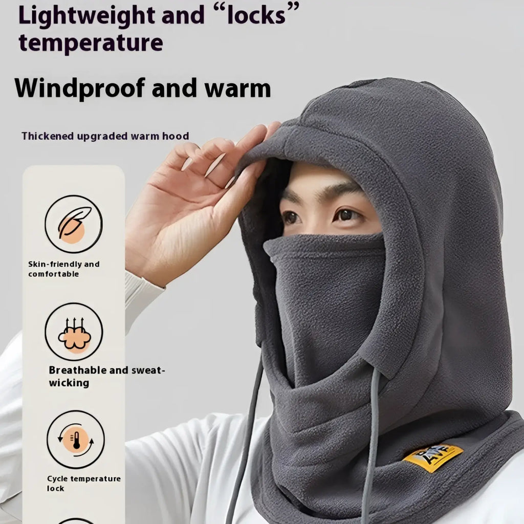Gray fleece windproof balaclava ski mask hat with a thickened upgraded warm hood and adjustable drawstrings
