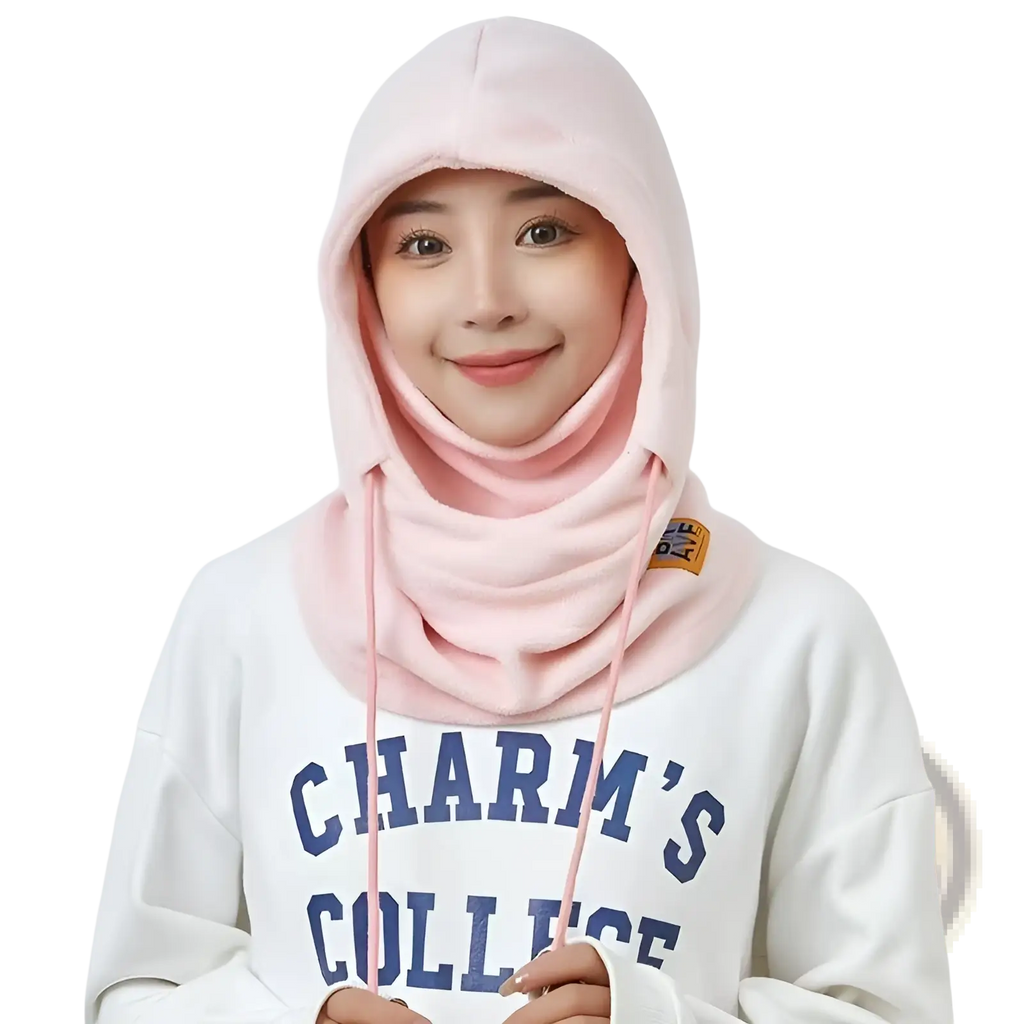 Pink windproof fleece balaclava ski mask hat with hooded scarf, drawstrings, and small orange logo patch