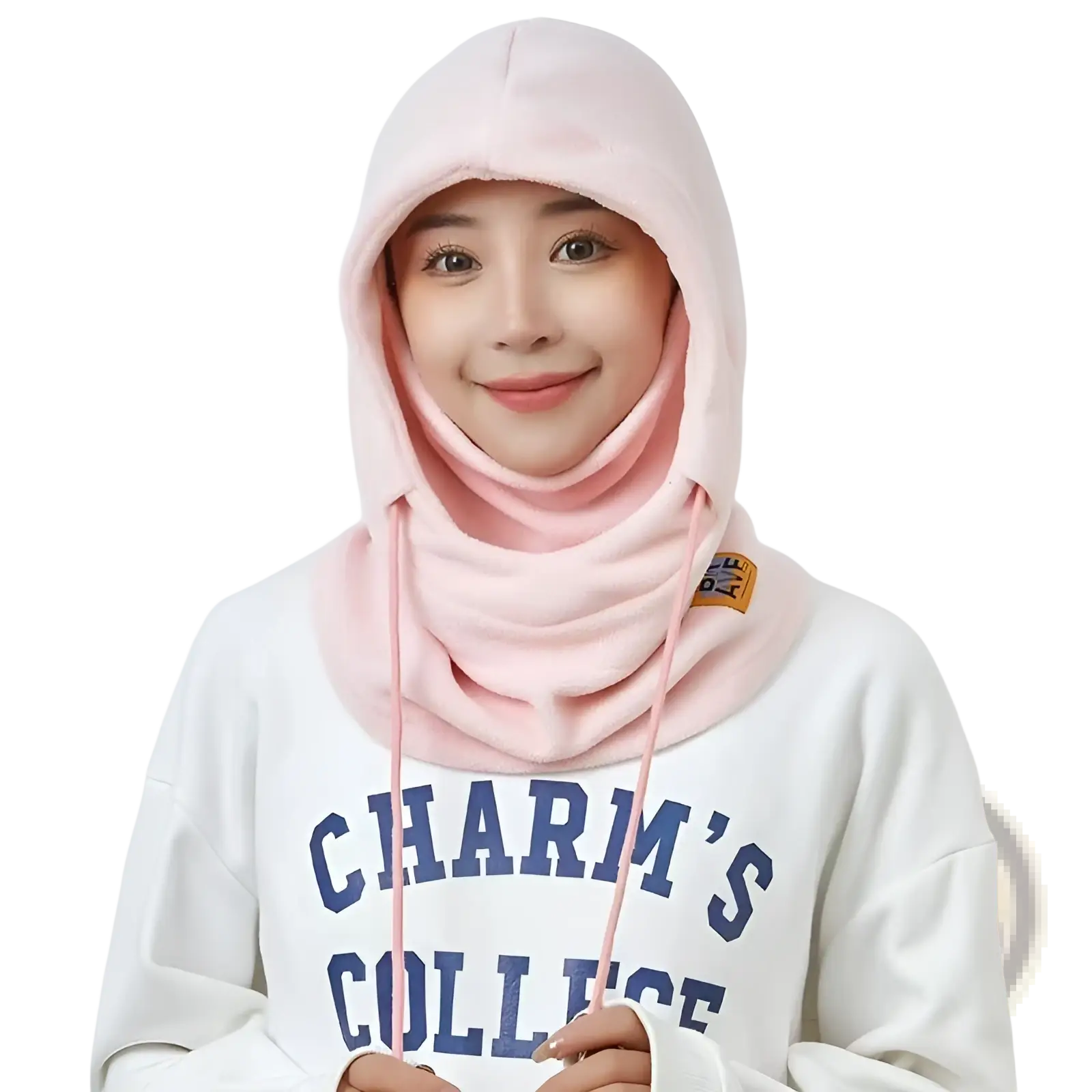 Pink windproof fleece balaclava ski mask hat with hooded scarf, drawstrings, and small orange logo patch