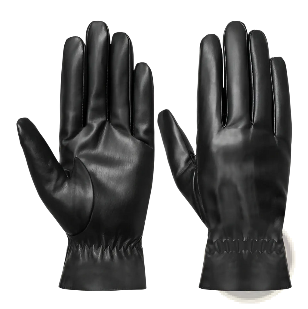 Black leather windproof winter gloves with smooth glossy finish and elasticated cuffs for warm driving use