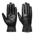 Black leather windproof winter gloves with smooth glossy finish and elasticated cuffs for warm driving use